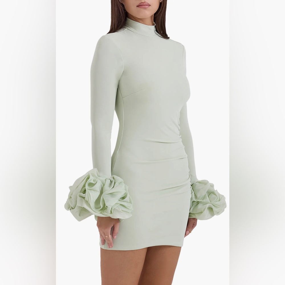 House of CB 'Camilla' PistachioLong Sleeve Ruffle Cuff Mini Dress - Picture 3 of 7